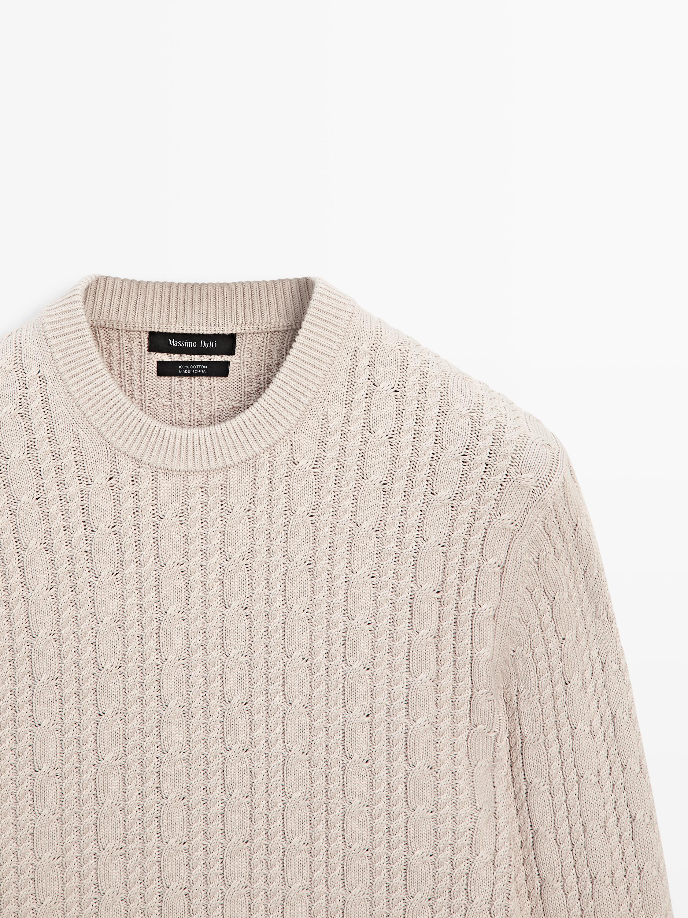 Cable-knit 100% cotton sweater with crew neck